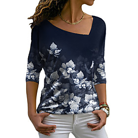 Women's Floral Theme Painting T shirt Floral Graphic Long Sleeve Print V Neck Basic Tops Navy Blue