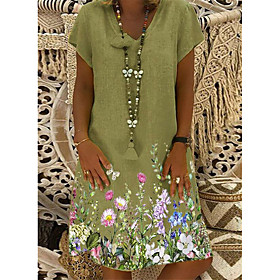 Women's A Line Dress Knee Length Dress Green Short Sleeve Flower Print Spring Summer V Neck Ethnic Style Casual Holiday Loose 2021 S M L XL XXL