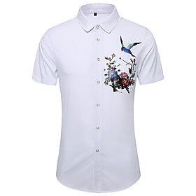 Men's Shirt Other Prints Bird Print Short Sleeve Casual Tops Simple Chinese Style White Black Light Blue