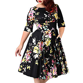 Women's Plus Size Dress Swing Dress Knee Length Dress Half Sleeve Flower Elegant Fall Summer Green Black 3XL 4XL 5XL 6XL 7XL