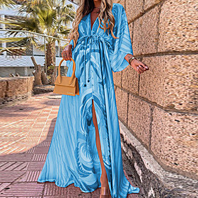 Women's Swing Dress Maxi long Dress Green Dark Blue 3/4 Length Sleeve Floral Abstract Ruched Print Fall Summer V Neck Casual Boho Holiday 2021 S M L XL XXL 3XL