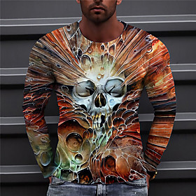 Men's Unisex Tee T shirt Shirt 3D Print Graphic Prints Skull Print Long Sleeve Daily Tops Casual Designer Big and Tall Orange