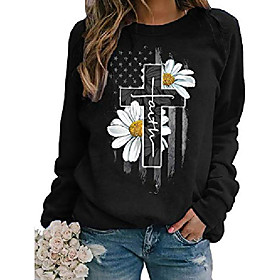 womens crewneck sweatshirt faith jesus cross daisy sweatshirts pullover long sleeve shirts for women usa american flag top black