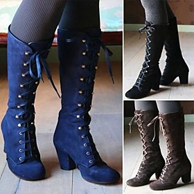 Women's Boots Chunky Heel Round Toe Mid Calf Boots Vintage PU Solid Colored Dark Brown Blue Black