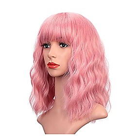short wavy wig with bangs short curly bob wigs pastel pink color shoulder length wigs for women synthetic heat resistant fiber medium length bob wigs for women