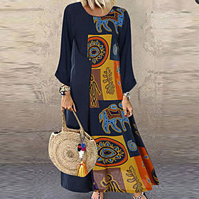 Women's Swing Dress Maxi long Dress Brown Dark Blue Long Sleeve Multi Color Print Spring Summer Ethnic 2021 M L XL XXL XXXL 4XL 5XL