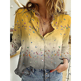 Women's Butterfly Blouse Shirt Color Gradient Butterfly Long Sleeve Button Print Shirt Collar Casual Streetwear Tops Blue Yellow Green