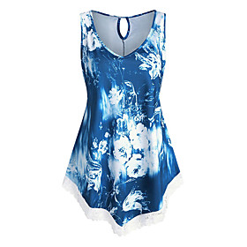 Women's Plus Size Tops T shirt Floral Print Sleeveless V Neck Streetwear Summer Blue Purple Red Big Size L XL XXL 3XL 4XL