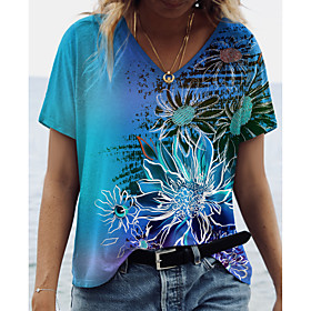 Women's Floral Theme Painting T shirt Floral Graphic Print V Neck Basic Tops Blue Purple Orange