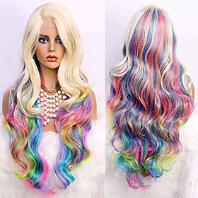 rainbow color light yaki l part lace front wigs heat resistant body wavy synthetic lace front wig for women 24inches (613/colorful)