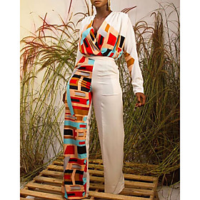 Women's Elegant Casual Daily Holiday 2021 White Jumpsuit Multi Color Print / High Waist / Deep V