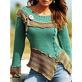 Women's Pullover Sweater Split Lace up Ruffle Color Block Stylish Casual Vintage Long Sleeve Sweater Cardigans Crew Neck Fall Winter Blue Army Green Gray / Hol