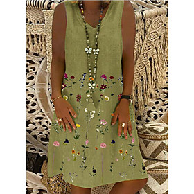Women's A Line Dress Knee Length Dress Green Sleeveless Flower Print Spring Summer V Neck Ethnic Style Casual Holiday Loose 2021 S M L XL XXL