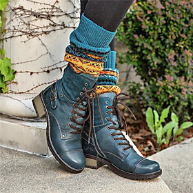 Women's Boots Block Heel Boots Combat Boots Block Heel Round Toe Mid Calf Boots Booties Ankle Boots Basic Casual Daily Walking Shoes PU Solid Colored Black / R
