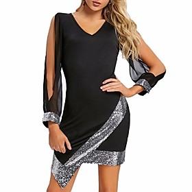 Women's A Line Dress Short Mini Dress Black Long Sleeve Color Block Patchwork Summer V Neck Casual 2021 S M L XL XXL / Cotton