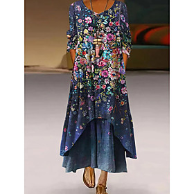 Women's A Line Dress Maxi long Dress Blue Half Sleeve Floral Layered Print Fall Spring V Neck Casual 2021 S M L XL XXL XXXL 4XL