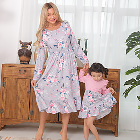 Mommy and Me Dresses Floral Print Blushing Pink Long Sleeve Daily Matching Outfits