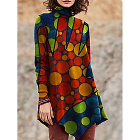 Women's Geometric Painting Tunic T shirt Graphic Geometric Long Sleeve Print High Neck Basic Tops Red