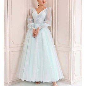 A-Line Minimalist Elegant Party Wear Prom Dress V Neck Long Sleeve Floor Length Tulle with Pleats 2021
