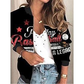 Women's Jacket Daily Fall Summer Regular Coat Regular Fit Breathable Sporty Casual Jacket Long Sleeve 3D Print Letter Print White Red