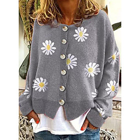 Women's Cardigan Button Floral Stylish Long Sleeve Sweater Cardigans Crew Neck Fall Spring Gray Black