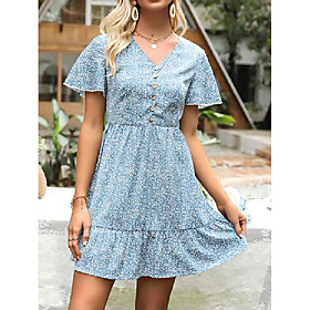 Women's A Line Dress Short Mini Dress Blue Short Sleeve Flower Ruched Button Spring Summer V Neck Active Casual 2021 S M L XL