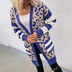 Women's Cardigan Knitted Leopard Stylish Long Sleeve Sweater Cardigans V Neck Fall Winter Blue Gray
