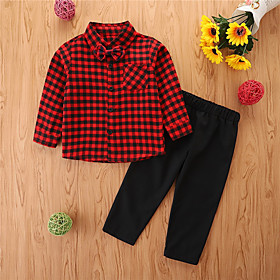 Toddler Girls' Clothing Set 2 Pieces Long Sleeve Red Plaid Casual Basic