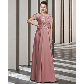 Sheath / Column Mother of the Bride Dress Elegant Jewel Neck Floor Length Chiffon Lace Short Sleeve with Appliques 2021