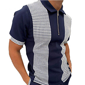 Men's Golf Shirt Striped Plaid Zipper Short Sleeve Street Tops Casual Fashion Breathable Comfortable Black Navy Blue