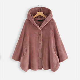 Women's Plus Size Coat Pocket Button Plain Going out Long Sleeve Hoodie Regular Fall Winter Blushing Pink Coffee XL XXL 3XL 4XL 5XL