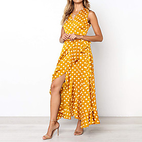 Women's Swing Dress Maxi long Dress Yellow Sleeveless Polka Dot Print Summer V Neck Casual 2021 S M L XL XXL 3XL