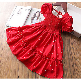 [100-140cm] sweet red puff sleeve dress for girls