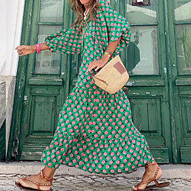 Women's Swing Dress Maxi long Dress Green Long Sleeve Floral Print Summer V Neck Casual 2021 S M L XL