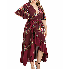 Women's Plus Size Dress A Line Dress Maxi long Dress Half Sleeve Floral Ruffle Print Casual Summer Wine XL XXL 3XL 4XL 5XL