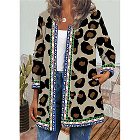 Women's Jacket Daily Fall Regular Coat Regular Fit Breathable Casual Jacket Long Sleeve Leopard Print Black Beige