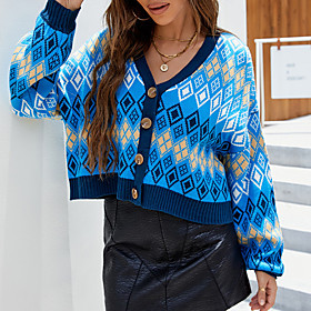 Women's Cardigan Sweater Cropped  Sweater Knitted Argyle Stylish Chunky Long Sleeve Sweater Cardigans V Neck Fall Winter Blue / Going out