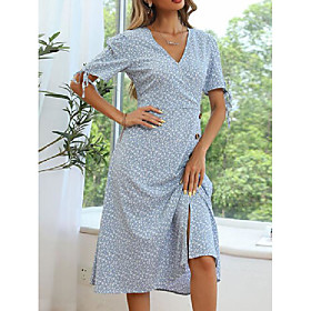 Women's Swing Dress Midi Dress Blue Short Sleeve Flower Button Spring Summer V Neck Elegant Casual 2021 S M L XL / Cotton