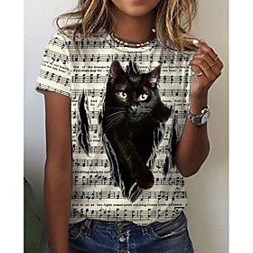 Women's 3D Cat Painting T shirt Cat 3D Animal Print Round Neck Basic Tops Yellow