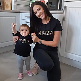 Mommy and Me Tops Leopard Letter Print Gray Black Red Short Sleeve Basic Matching Outfits