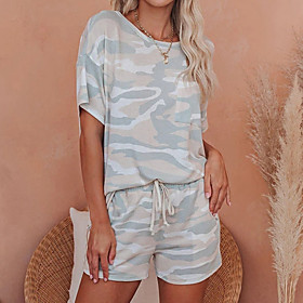 Women's Loungewear Sets Elastic Waistband Print Camouflage Cotton Polyester Basic Casual T shirt Shorts Round Neck Home Causal Short Sleeve Seamed