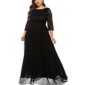 Women's Plus Size Dress A Line Dress Maxi long Dress 3/4 Length Sleeve Solid Color Lace Work Fall Summer Wine Black Red XL XXL 3XL 4XL 5XL