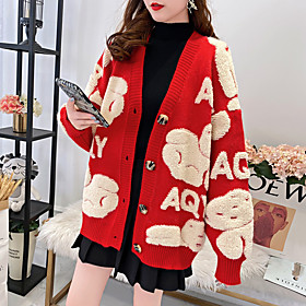 Women's Cardigan Sweater Knitted Animal Stylish Long Sleeve Loose Sweater Cardigans V Neck Fall Spring Blue Black Red