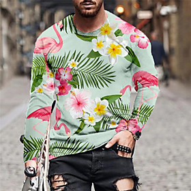 Men's Tee T shirt Shirt 3D Print Plants Graphic Flamingo Plus Size Print Long Sleeve Casual Tops Basic Designer Slim Fit Big and Tall Blue Blushing Pink Green