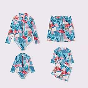 Family Look Swimsuit Leaf Plant Print Blue Long Sleeve Vacation Matching Outfits
