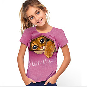 Kids Girls' T shirt Short Sleeve Cat Animal Print Fuchsia Children Tops Summer Active Cute School Daily Wear Regular Fit 4-12 Years