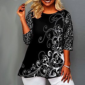 Women's Plus Size Tops Blouse Shirt Floral Print 3/4 Length Sleeve Crewneck Streetwear Christmas Fall Summer Black Big Size XL XXL 3XL 4XL 5XL