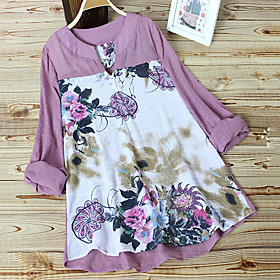 Women's Plus Size Tops Blouse Shirt Floral Print Long Sleeve V Neck Streetwear Fall Purple White Beige Big Size L XL XXL 3XL 4XL