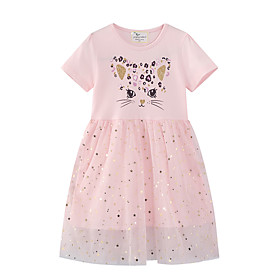 Kids Little Girls' Dress Cat A Line Dress Causal Mesh Print Blushing Pink Midi Short Sleeve Casual Cute Dresses Fall Summer Regular Fit 2-8 Years