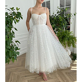 A-Line Minimalist Elegant Party Wear Prom Dress V Neck Spaghetti Strap Sleeveless Tea Length Tulle with Pleats Polka Dot 2021